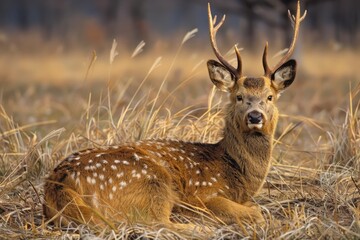 Naklejka na ściany i meble Sika Deer in Tranquil Meadow, Nature Photography of Cervid Stag Outdoors 