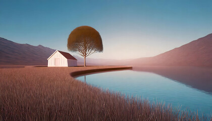 Serene Lakeside Landscape with Solitary Tree and House - obrazy, fototapety, plakaty