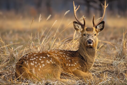 Sika Deer in Tranquil Meadow, Nature Photography of Cervid Stag Outdoors 