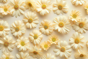 Beautiful arrangement of yellow daisies with green leaves on white surface for background or wallpaper concept