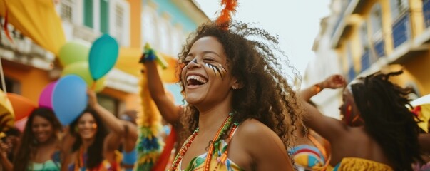 Fototapeta premium Painted happy woman dancing at carnival in sunny day. copy space for text