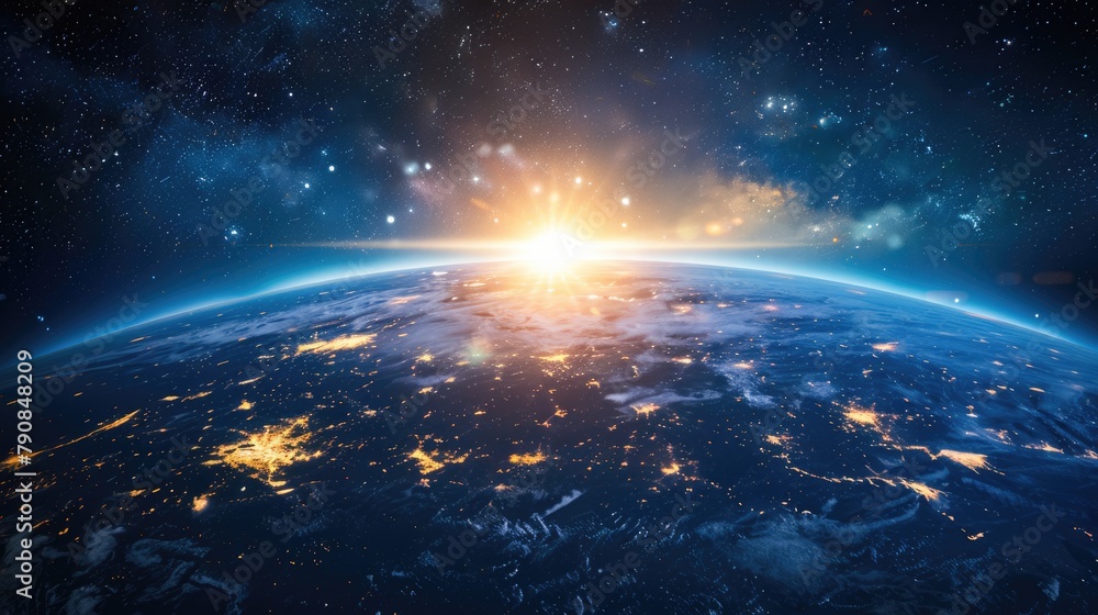 Canvas Prints sunrise over earth: stunning 3d rendering of space with planet earth and stars background