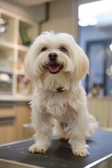 female groomer brushing dog at grooming salon, ai generated