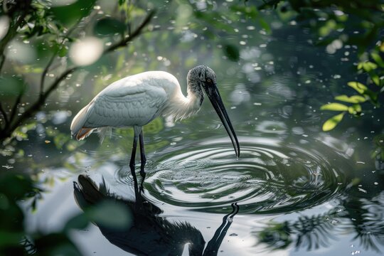 Wood Stork Wading: A Majestic Bird Feeding in the Shallow Waters of Florida's Lagoon in Nature's Serene Environment