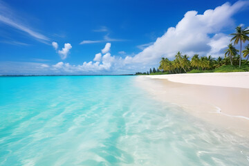 Fototapeta na wymiar Serene tropical beach with crystal-clear turquoise waters on a sunny day