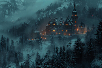 A haunted castle shrouded in mist under the moonlight