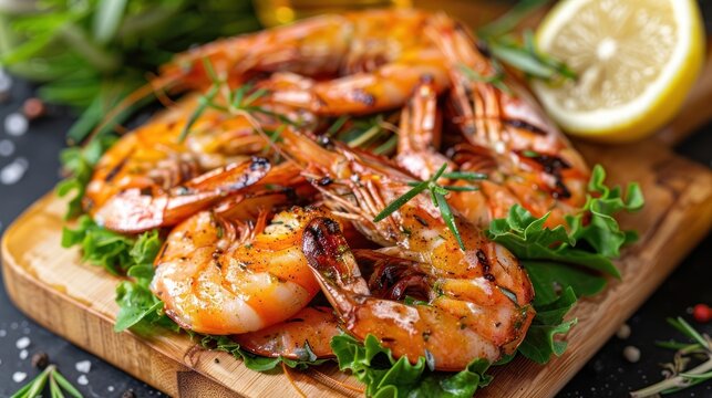 Delicious salad grilled shrimp seafood with lettuce vegetable on wooden cutting board. AI generated