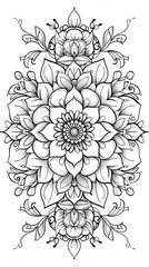 Mandala: A coloring book page featuring a mandala design with a floral mandala pattern, including roses, daisies, and tulips