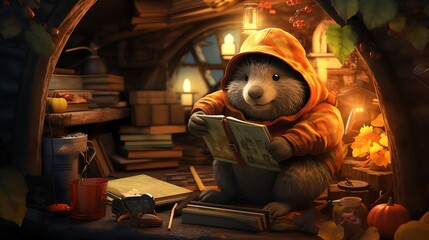 A cozy illustration of a mole reading a mystery novel inside its underground burrowwater colorcartoonanimation 3Dvibrantwatercolorvibrant colorshanddrawndetailed close view. - obrazy, fototapety, plakaty