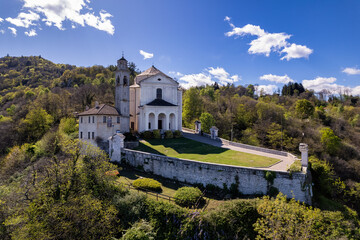 Aerial view of the Sanctuary on a rocky spur Santuario Madonna del Sasso
