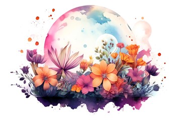 Delightful planet adorned with colorful floraserene atmospherevivid colors captured in high detailisolated on white backgroundwatercolor.