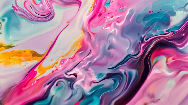 Abstract background with colorful liquid paint, marble texture, vibrant colors, soft brush strokes, fluid shapes, playful design elements, pink blue purple yellow, swirling patterns, dynamic splashes