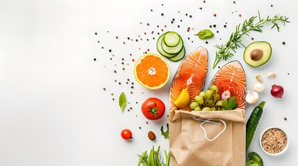 Bright and Fresh Ingredients Spilling from Eco-friendly Bag. Healthy Eating Concept with Organic Produce. Styled Food Photography for Nutrition. AI