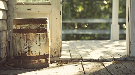 A vintage wooden milk churn sitting on a sun-dappled porch, waiting to be filled with creamy goodness.