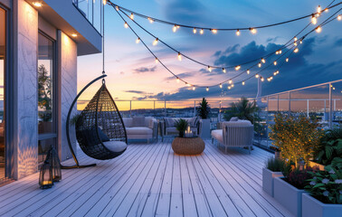 Large terrace on the roof of an apartment with a large wooden floor, hanging chair and lighting garland overlooking a city view at sunset