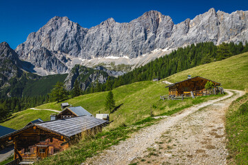Wooden log houses on the slope, Ramsau am Dachstein, Austria - 790850624