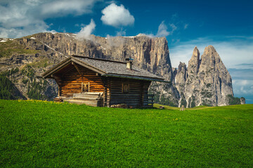 Wooden log house on the green field in Dolomites