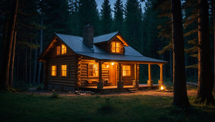 Beautiful log cabin in a forest clearing, night time, warm glow emanating from the windows, warm, cozy peaceful feeling

