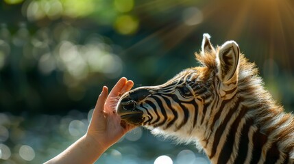 Naklejka premium A person feeding a zebra with their hand in front of it, AI