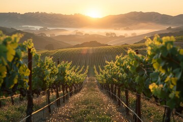 Naklejka premium Sunrise at Organic Vineyard with Dew-Kissed Grapes