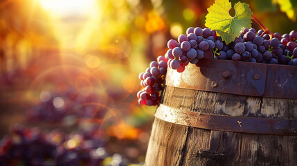A wooden barrel overflowing with freshly harvested grapes, their deep purple hues promising the rich flavors of wine to come. - obrazy, fototapety, plakaty