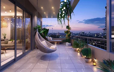 Schilderijen op glas Large terrace on the roof of an apartment with a large wooden floor, hanging chair and lighting garland overlooking a city view at sunset © Kien