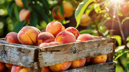 A wooden crate brimming with plump, juicy peaches, their fragrant aroma filling the air with summer sweetness.