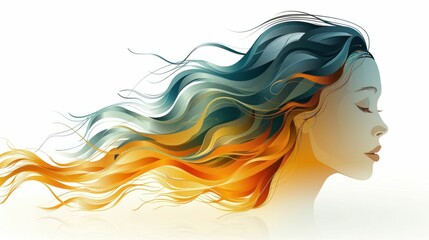 Flowing Locks A Serene Portrait of a Woman with Long Hair Blowing in the Wind, on White Background