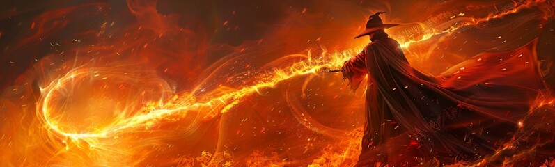 Witch with a staff in a fiery fire with a glowing orb. Mystical background. Banner