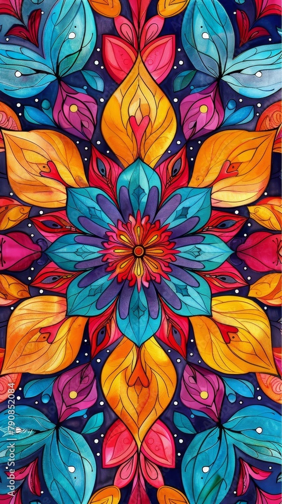 Poster patterns: a coloring book page with a vibrant kaleidoscope pattern, filled with colorful symmetrical