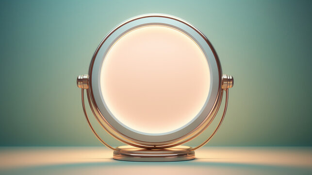 Hyper-realistic, 3D-rendered of luxury table mirror reflection showing solid color copyspace against a solid color background