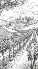 Fototapeta premium Place: A picturesque coloring book illustration of a vineyard, with neat rows of grapevines