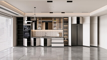 3d rendering modern kitchen with tile floor and shelf cabinets 