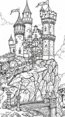 Place: An enchanting coloring book illustration of a fairy-tale castle perched on a hill