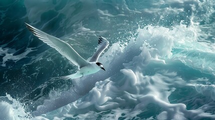Agile tern swooping gracefully over the ocean waves, its sleek form a study in aerodynamic efficiency.