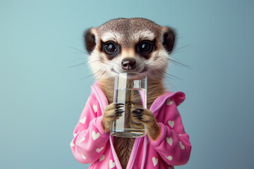 Meerkat in cozy pink heart patterned pajama drinking clear water - 790852882
