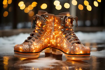 Christmas and New Year holidays concept. Glowing Christmas lights on an ice rink.