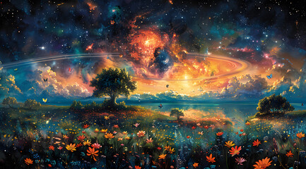 Obraz na płótnie Canvas Celestial Symphony: A Rotating Garden of Flowers and Butterflies Among Rings