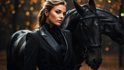 Fototapeta na wymiar portrait of a model with a horse, all black elegant suit