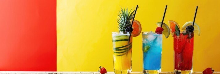 horizontal banner, Western Australia Day, fruit and berry lemonade, citrus alcoholic cocktails with pineapple, orange and strawberry, bright background, copy space, free space for text