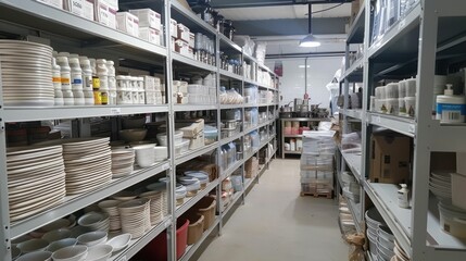 Variety of dishes and household items displayed on shelves in a large store room