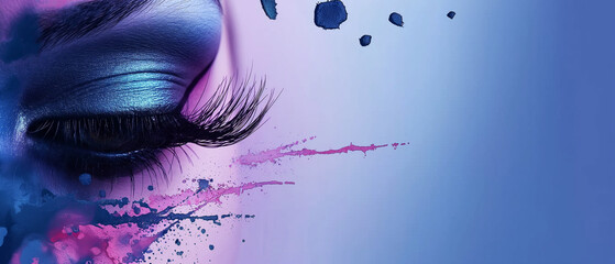 close-up of a female eye with vibrant blue eyeshadow and splashes of pink and blue ink on a gradient background. Copy space. Generative AI		 - obrazy, fototapety, plakaty