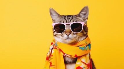 A cat wearing sunglasses and a yellow scarf