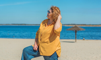 Pretty American middle age woman in vacation or at city. Size plus and xxl woman. Life of plump...