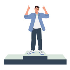 Successful deal concept. Task job done. Happy male character raises hand up celebrating success. Vector flat illustration isolated on white background.