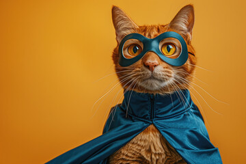 Superhero cat in blue costume and mask, vigilant feline guardian - 790854652