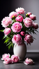 pink peonies in white vase, beautiful pink peonies on the floor, sun lighting, black background