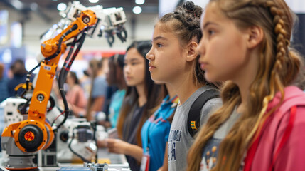 Group Of Caucasian Women At Stem Job Fair - A Group Of Young Women Gather Around A Stem Booth At A Job Fair