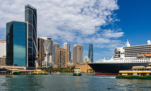 Sydney, New South Wales, Australia; February 27, 2024: The beautiful transatlantic ocean liner Queen Mary 2 is anchored in Sydney Harbour.