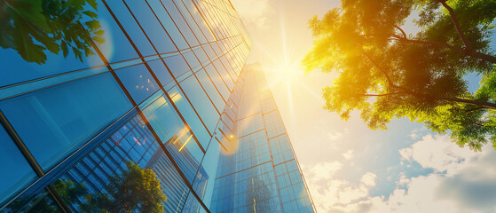 Sunburst over Modern Glass Skyscraper with Reflective Windows and Surrounding Greenery. Copy space. Generative AI	